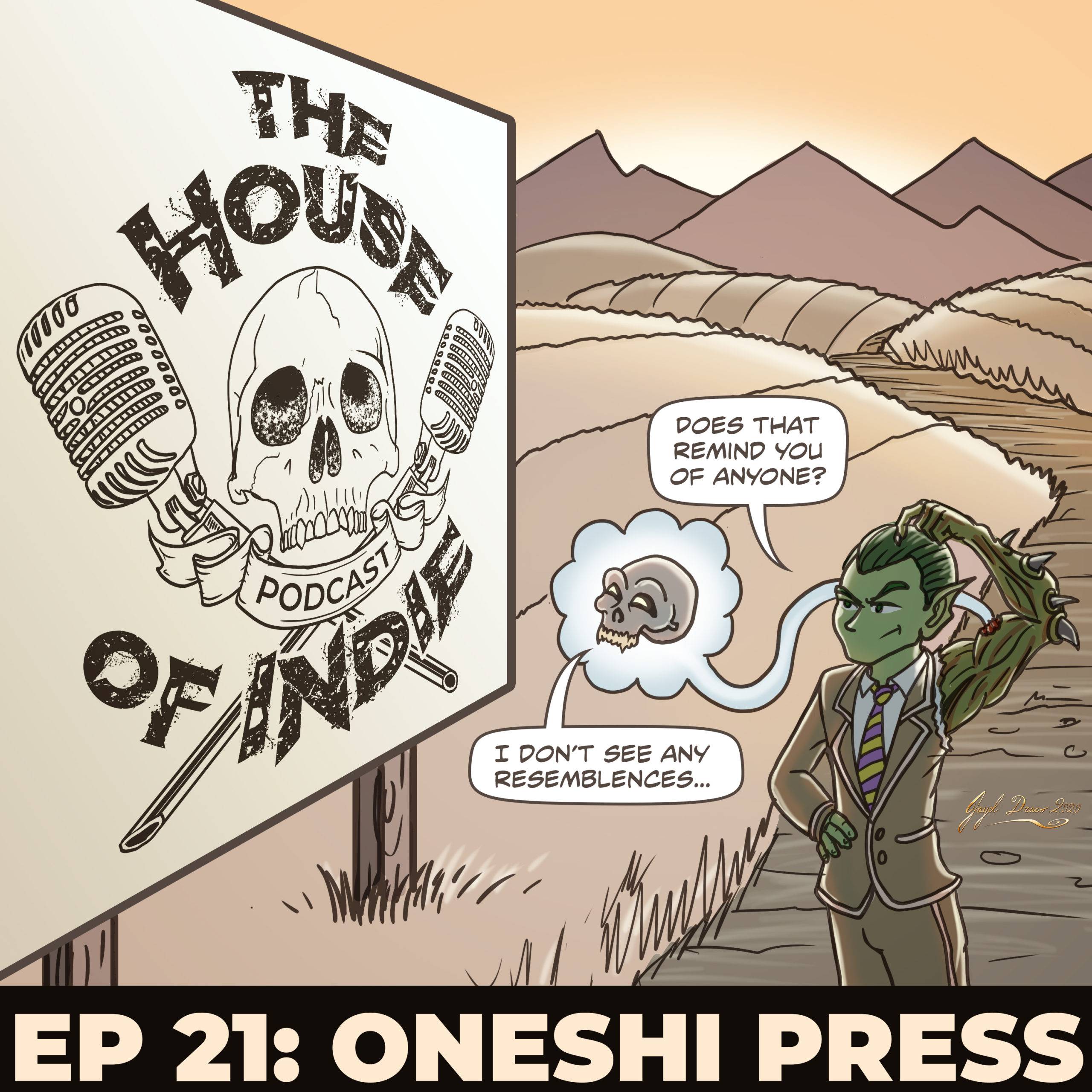 The House of Indie Podcast episode 21 cover image featuring Mr. Guy and his sidekick spooky illustrated by Jayel Draco